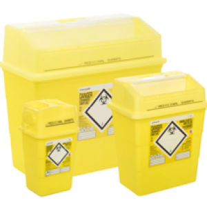 Yellow bins for disposal of medical sharps